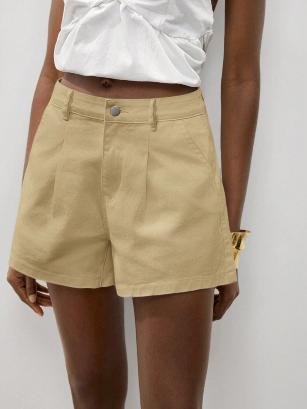 Tan Denim High-Waist Pleated Shorts
